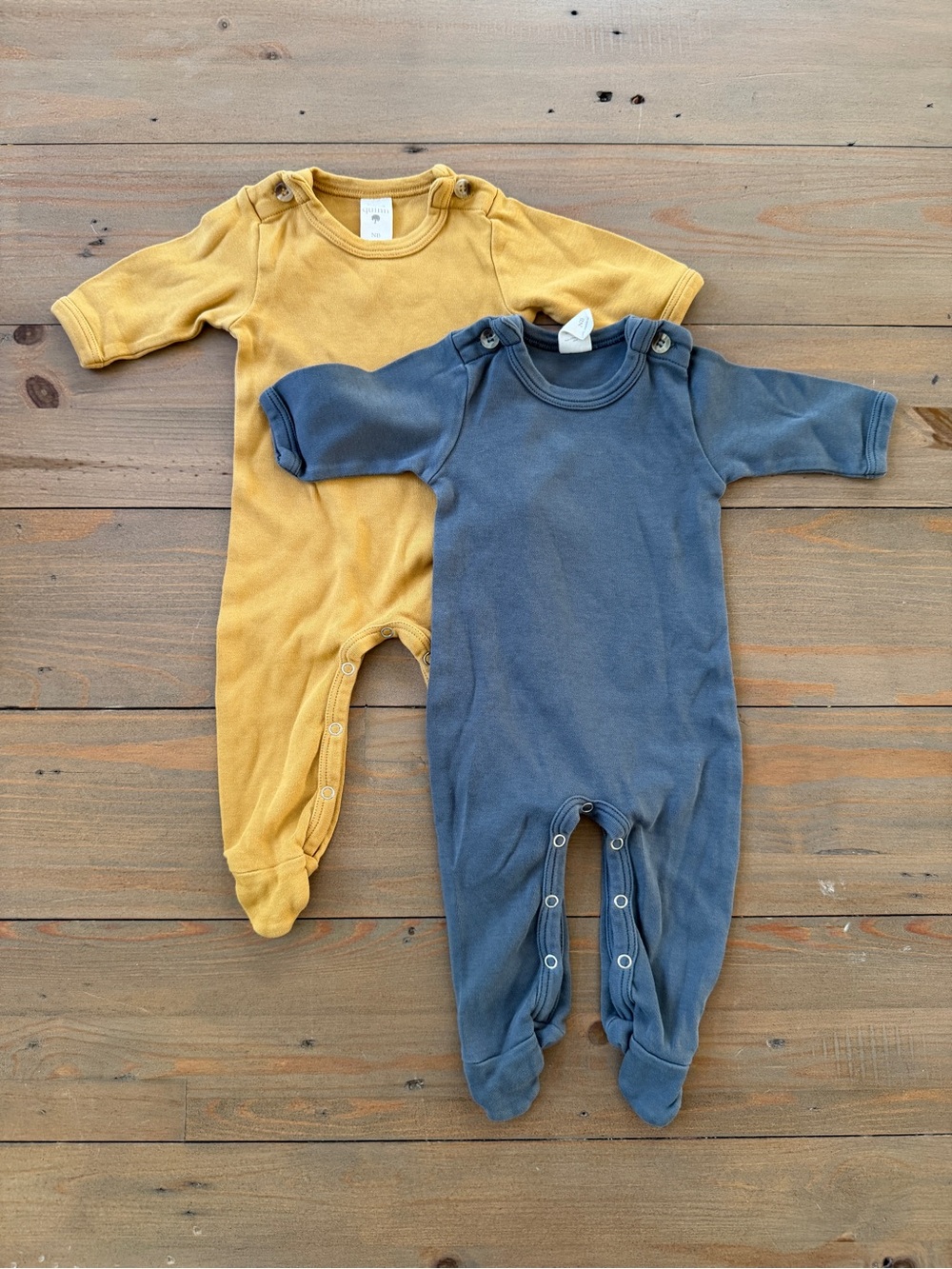 Kate Quinn One-Piece Footed Romper in Mustard and Slate Blue - Newborn